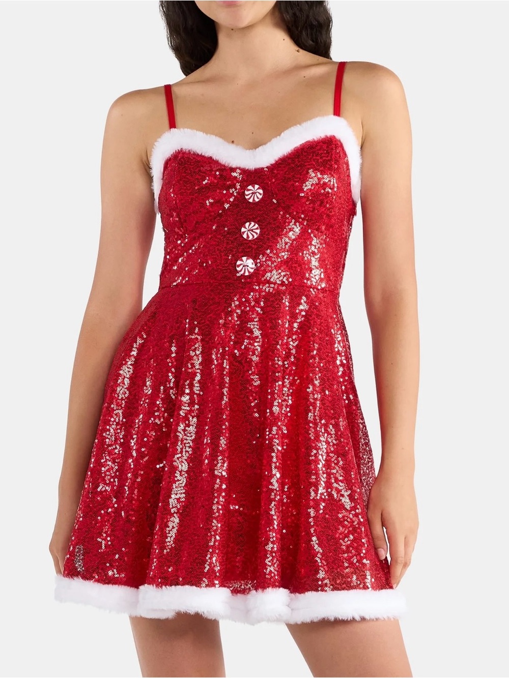 No Boundaries Red Sequin Holiday Chemise with White Faux-Fur Trim